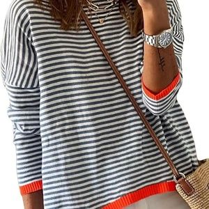 Ladies black and white striped cotton pullover size L